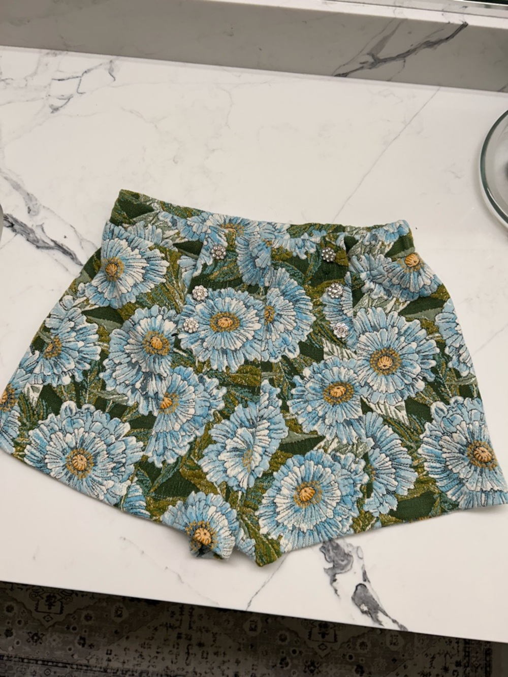 Zara Floral Brocade elastic Waist Shorts in Blue & Green rhinestone buttons